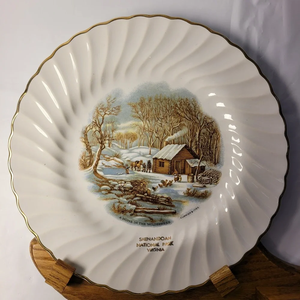 Northshore Wood Products Plate Holder Wall Shelf Oak with Currier & Ives Plate